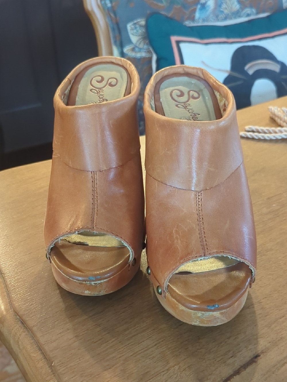 Seychelles Tan Leather Open-Toe Mule Clog Heels